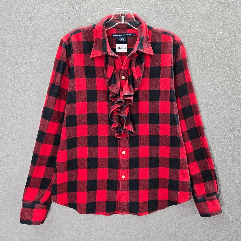 Ralph Lauren Sport Women Top 12 Red Blouse Check Buffalo Plaid Ruffle Collar